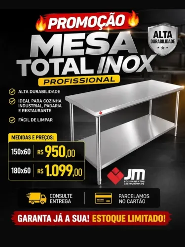 Mesa TOTAL Inox Profissional 180x60 - MUITO BARATO - JM GABRIEL