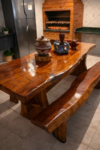 Mesa de tronco madeira legítima rústica + 2 bancos 