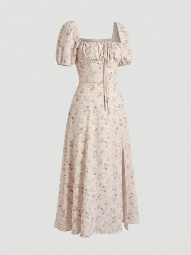 vestido floral rosa com mangas bufantes