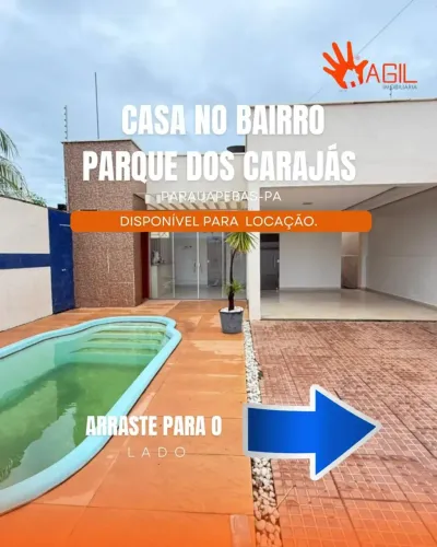 CASA COM 3 SUÍTES DISPONÍVEL PARA LOCAÇÃO COM CHURRASQ NO BAIRRO PARQUE DOS CARAJÁS, PARAU