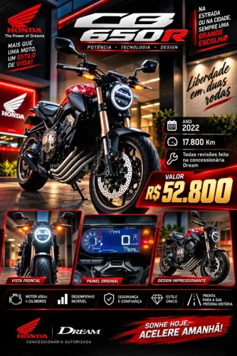 CB 650R<br>ANO 2022<br>17.800Km<br>Todas revisões feita na concessionária dream<br>Valor 52.800
