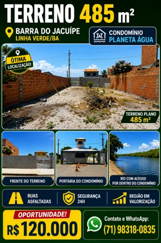 Terreno Barra de Jacuípe, 485m², condomínio Planeta Água, acessos ao rio, Linha Verde-BA