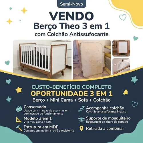 Berço Theo 3 em 1 + Colchão Antissufocante