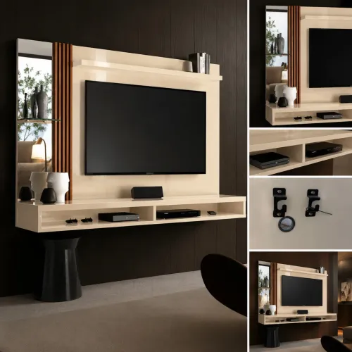 Painel Para Tv Até 55 Polegadas Com Espelho E Lateral Ripada Cor Off White/naturale