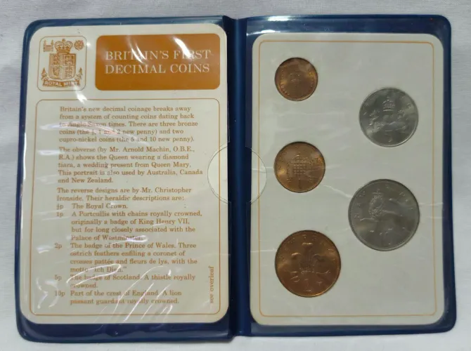 5x moedas Royal Mint Britain First Decimal Coins Original Pack