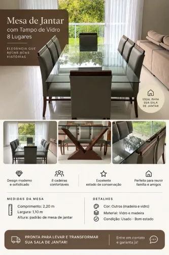 Mesa de Jantar 8 Lugares com Tampo de Vidro + 8 Cadeiras