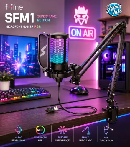 Microfone Gamer Fifine SuperFrame Edition SFM1, RGB, USB, Black, Com Braço Articulado