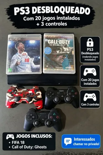Ps3 desbloqueado com 3 controles e com 20 jogos instalados