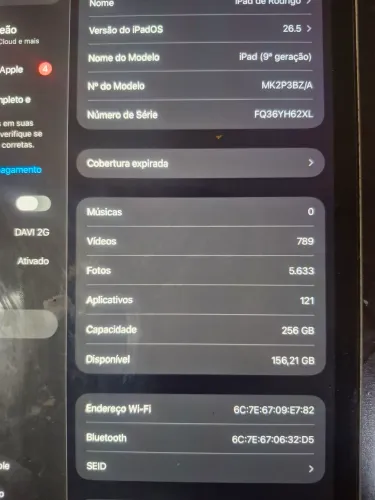 Ipad 9 geração 256gb OBS.: Película danificada, somente retirar