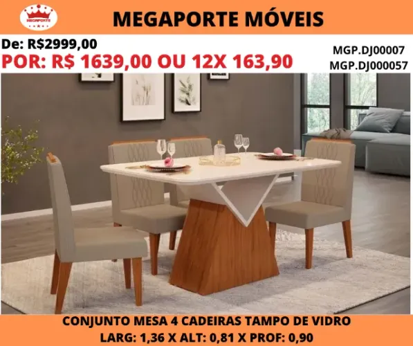 Conjunto Mesa de Jantar 0,90x1,36 Tampo de Vidro 4 Cadeiras