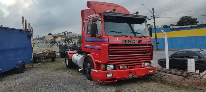 cania 112 H MA 4x2 cavalo frontal 1982 e carreta porta contêiner recrusul 1975