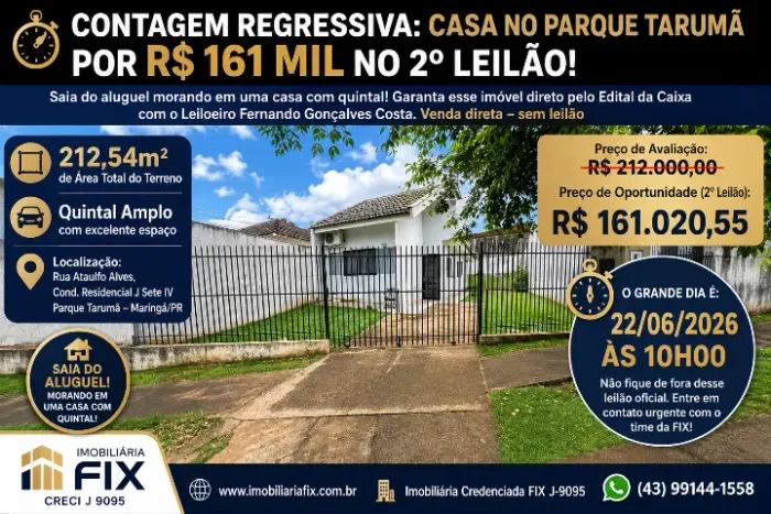 ? CONTAGEM REGRESSIVA: CASA NO PARQUE TARUMÃ POR R$ 161 MIL NO 2º LEILÃO!