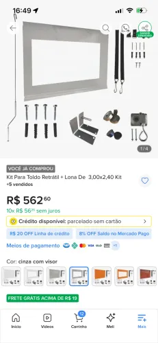 Toldo com kit de lona e ferragens - novo