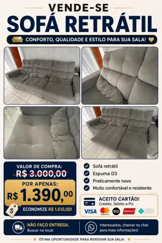 SOFÁ RETRÁTIL 3 lugares, MUITO BEM CONSERVADO.