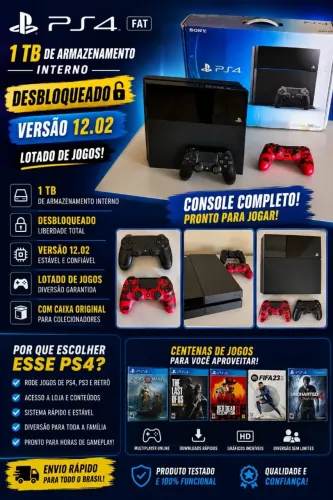 PS4 FAT 1TB Desbloqueado 12.02 + 2 Controles + Caixa Original + Jogos Instalados