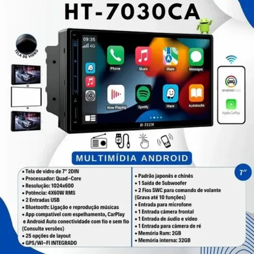 MULTIMIDIA ANDROID HT-7030CA COM ADAPTADOR DE 7" PARA HONDA FIT 2009/14