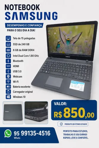 Notebook Samsung com tela de 15.6 polegadas, SSD de 240 gigas, 8 gigas de RAM ddr4