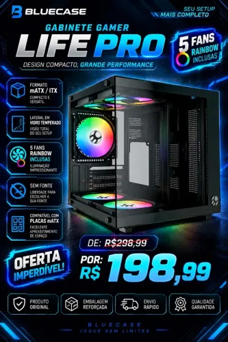 Gabinete Gamer Bluecase LIFE PRO, Com 5 Fans Rainbow Mini Tower, Lateral Vidro, mATX,