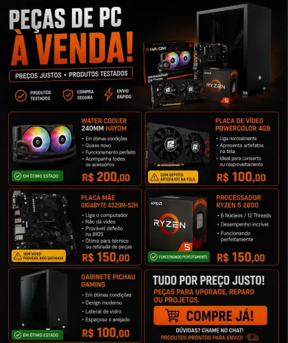 Peças PC Gamer Ryzen 5 2600 + Gabinete Pichau + Water Cooler 240mm Leia a descrição