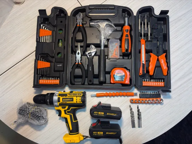 KIT DE FERRAMENTAS 129 PEÇAS + PARAFUSADEIRA SEM FIO 48V