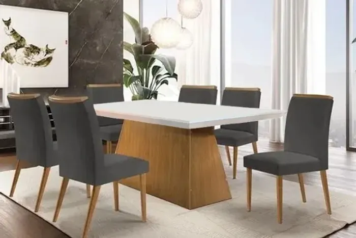 Mesa de Jantar Luna Imbuia180×90 6 Cadeiras Lunara Grafite Até 12x