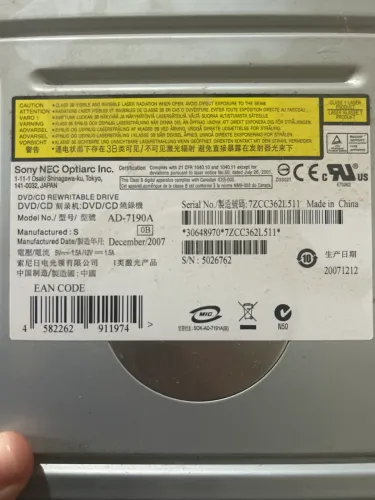 Drive Leitor e Gravador de CD/DVD-RW DL Sony NEC Optiarc (Produto Original) AD-7190A