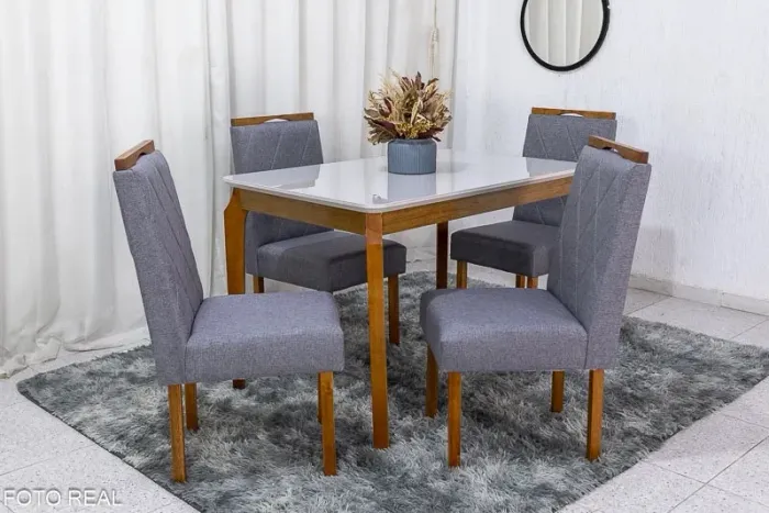 Mesa de Jantar Vidro Off 120×80 4 Cadeiras Diamante Linho Cinza rf443
