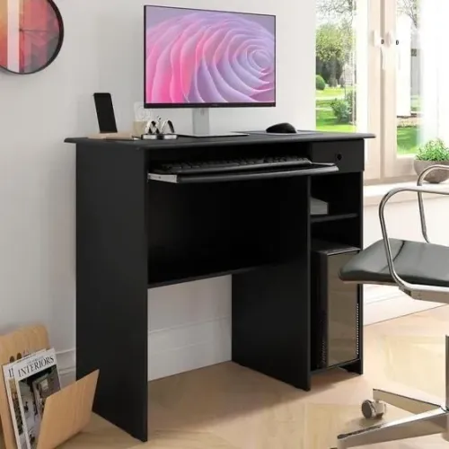 Escrivaninha preta compacta com gaveta e porta CPU