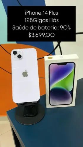 iPhone 14 Plus / 128GB / Lilas / Saúde de bateria 90% / R$3.650,00/ loja física 