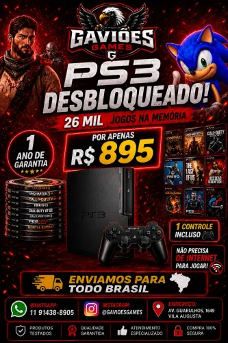 PS3 SLIM DESBLOQUEADO 26 MIL JOGOS DISPONÍVEIS NA MEMÓRIA, 1 ANO DE GARANTIA.