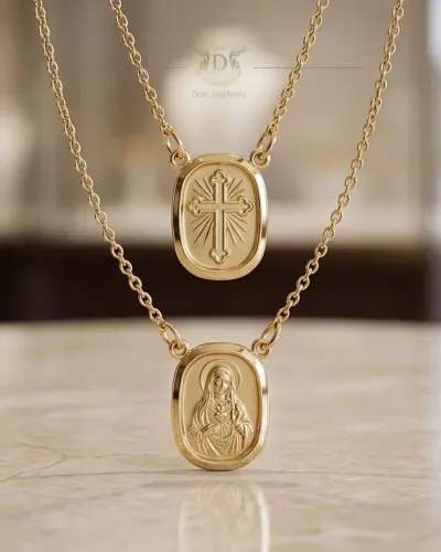 Escapulário Cadeado com Espírito Santo e Nossa Senhora em Ouro 18K 750