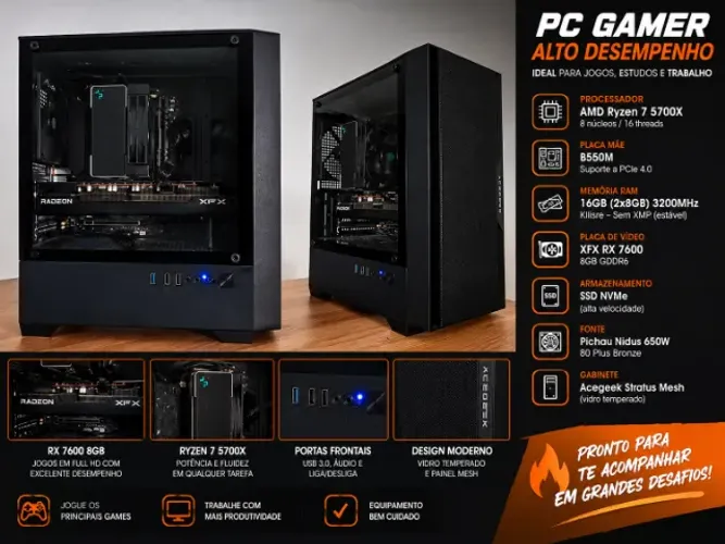PC GAMER RYZEN 7 5700X - RX 7600 - 16GB DDR4