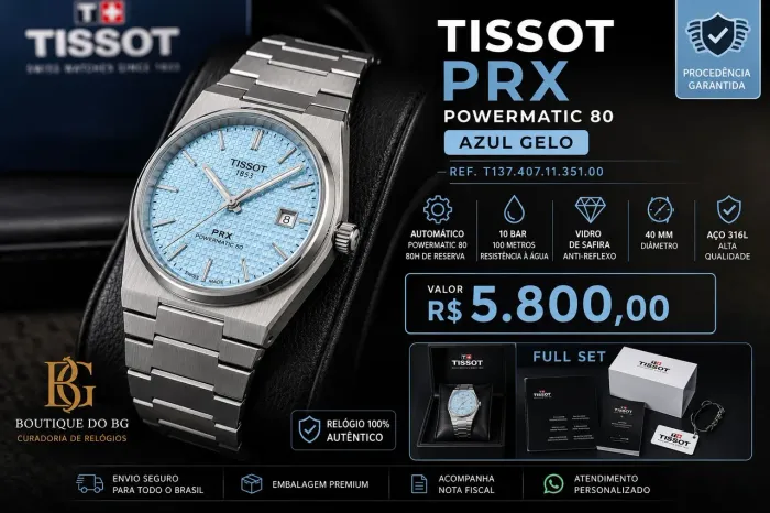 Tissot PRX Powermatic 80 Azul Gelo | Full Set | Impecável