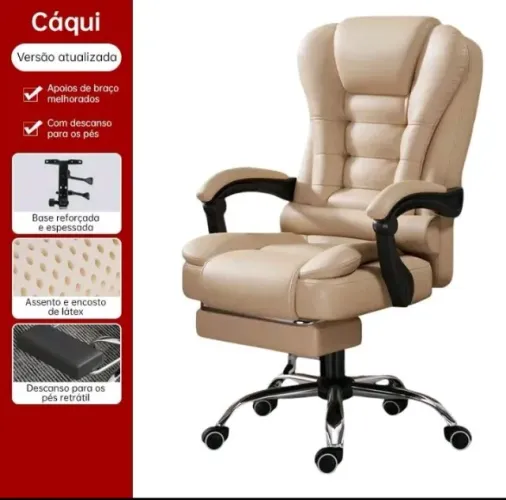 Cadeira de escritório na cor CÁQUI presidente ergonômica em couro reclinável NOVA NA CAIXA