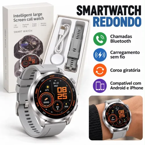 Smartwatch Redondo 1,8 Chamadas Bluetooth, Carregamento Sem Fio e Coroa Giratória