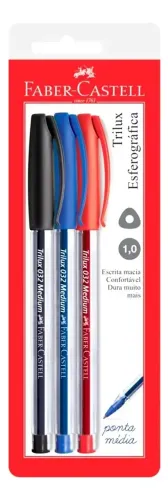 4 KITS Caneta Esferográfica Faber Castell Trilux 1.0 Az Pt Vm - 3 Unidades