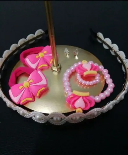 Kit infantil tiara brinco pulseira laço de cabelo rosa