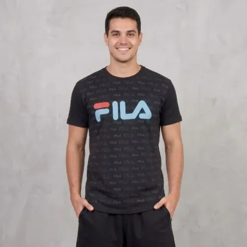 Camiseta Masculina Preta Estampada Fila Colorido Manga Curta Casual Esportiva