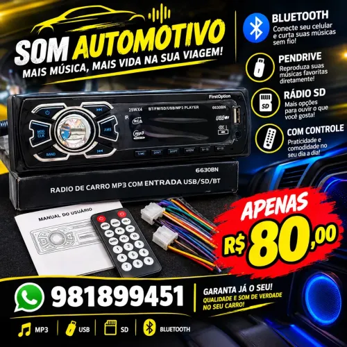 Som Automotivo Bluetooth, USB, Rádio, Pendrive, Com Controle