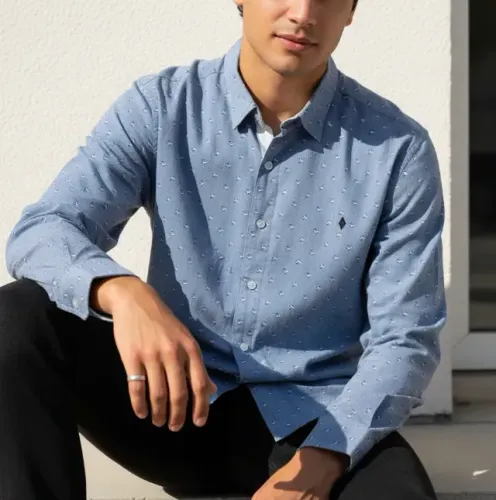 camisa de botões masculina azul estampada franco milênio tamanho g