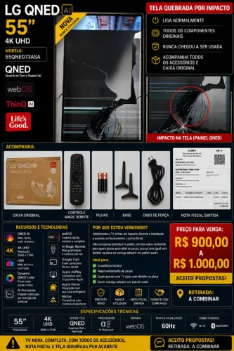 TV LG QNED 55" 4K (55QNED73A) - Para Peças ou Conserto | Tela Quebrada (aceito propostas)