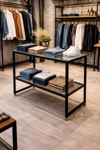 Mesa de centro balcão loja estilo industrial tampo de vidro
