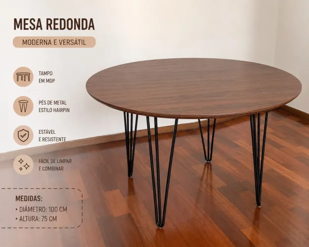 Mesa de Jantar Redonda Moble 1,00 m - Tampo Amadeirado e Pés Hairpin