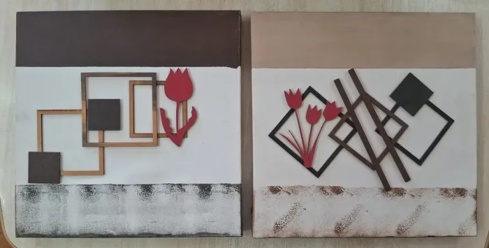 Par de quadros decorativos 40x40 cm com pintura e relevo