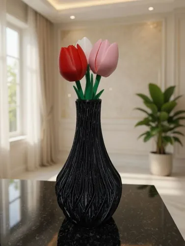 Vaso Escultural 3D + Tulipas Coloridas