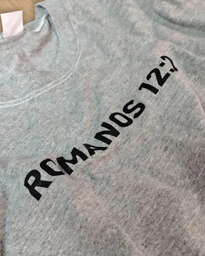 Camiseta Cristã Romanos 12:2 Peixe Contra Corrente Cinza Mescla Gospel Masculina