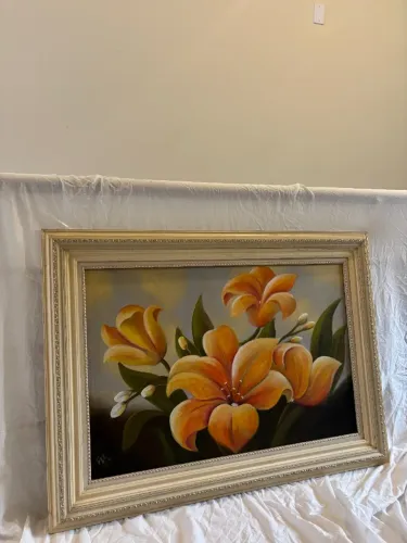 quadro vintage madeira antiga flores amarelo