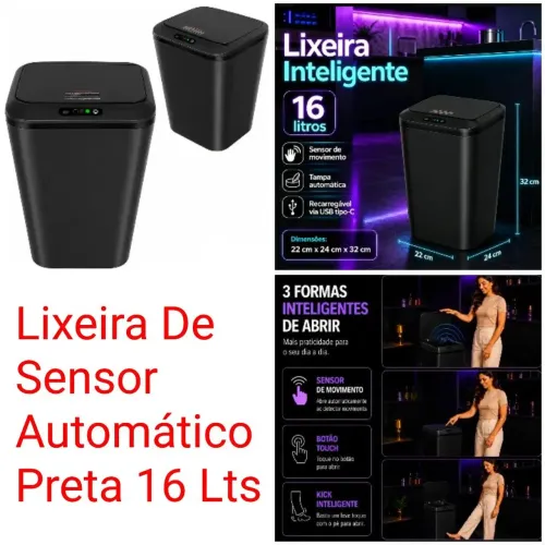 Lixeira De Sensor Automático Preta 16 Lts