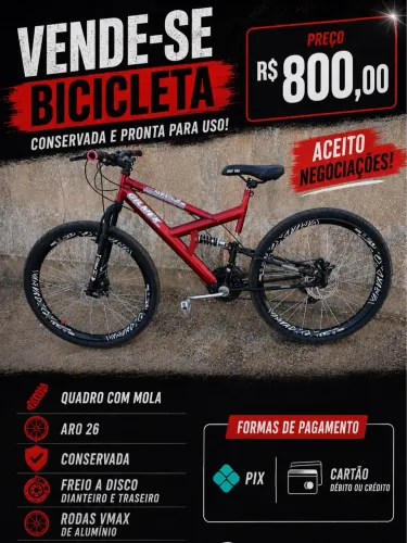 Bicicleta, aro 26, quadro com mola, freio á disco 