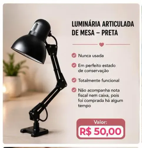 LUMINÁRIA ARTICULADA DE MESA - PRETA